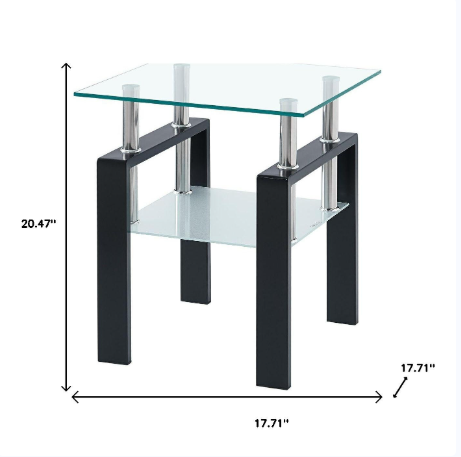 Clear and Black Glass and Metal Square End Tables With Shelf