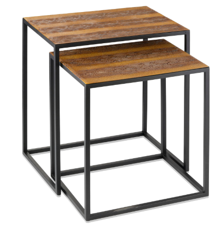 Set of Two Brown and Black Metal And Faux Snake Leather Nesting End Tables