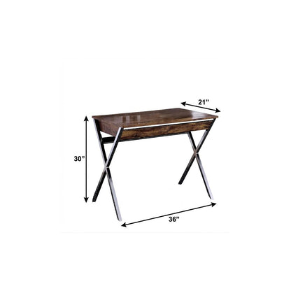 36" Brown and Silver Writing Desk With Two Drawers
