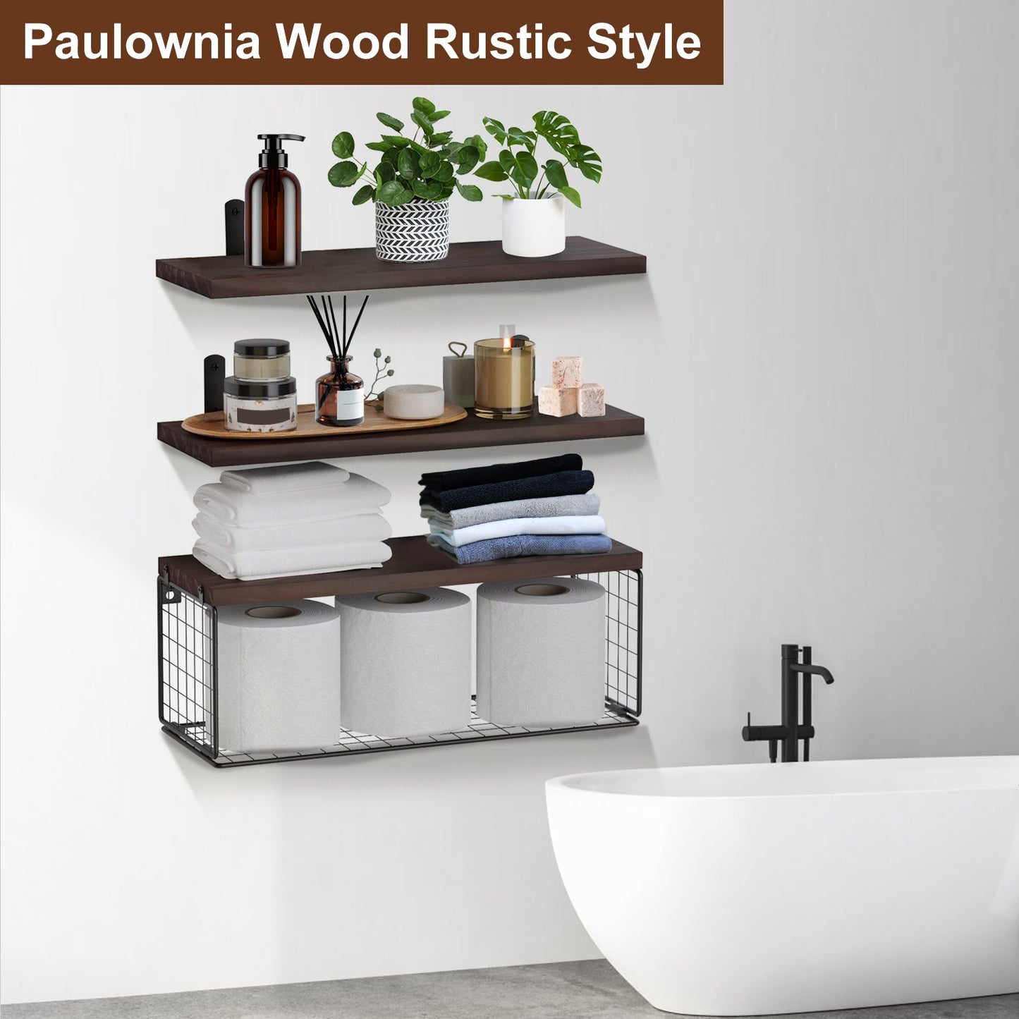 Rustic 3-Tier Floating Wall Shelves with Storage Basket