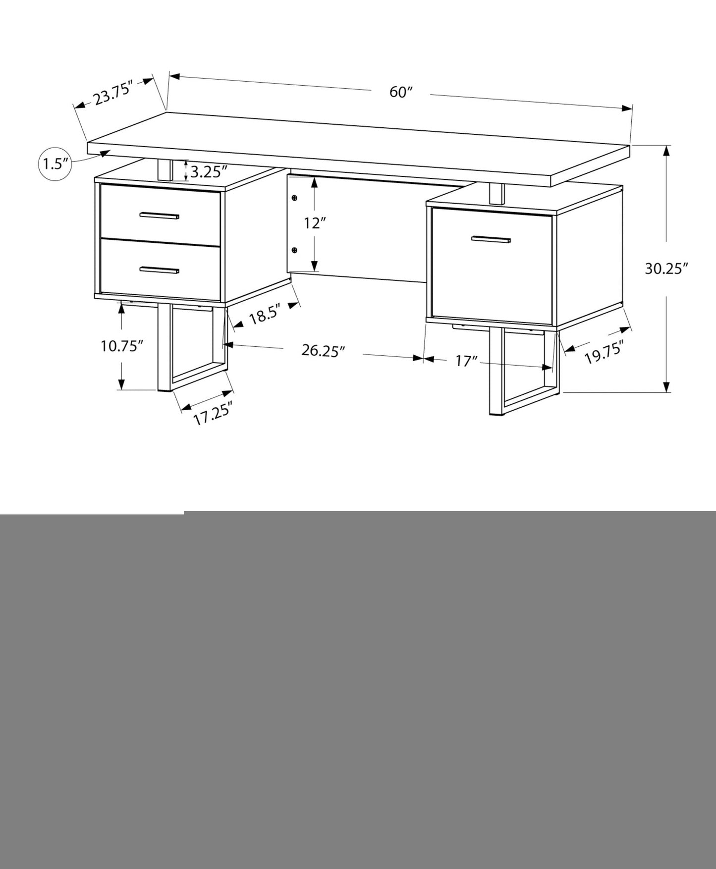 60" Black and Silver Computer Desk With Three Drawers
