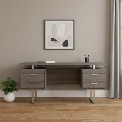 60" Taupe and Silver Computer Desk With Three Drawers