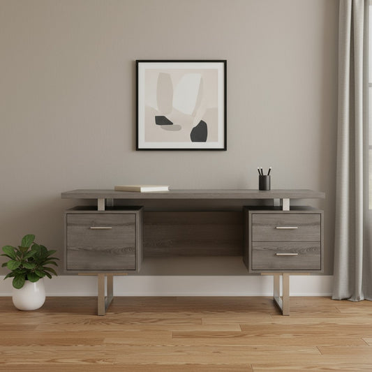 60" Taupe and Silver Computer Desk With Three Drawers
