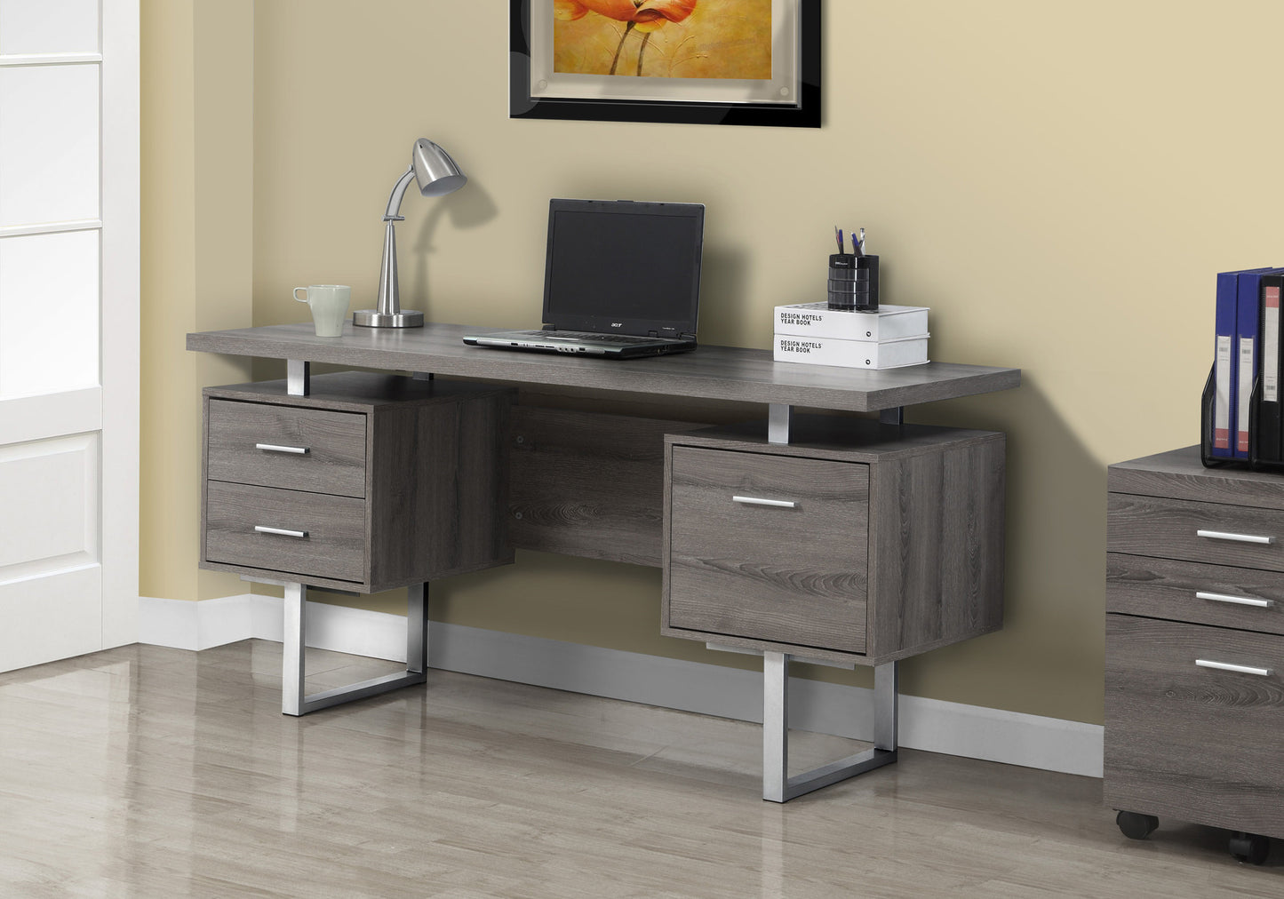 60" Taupe and Silver Computer Desk With Three Drawers