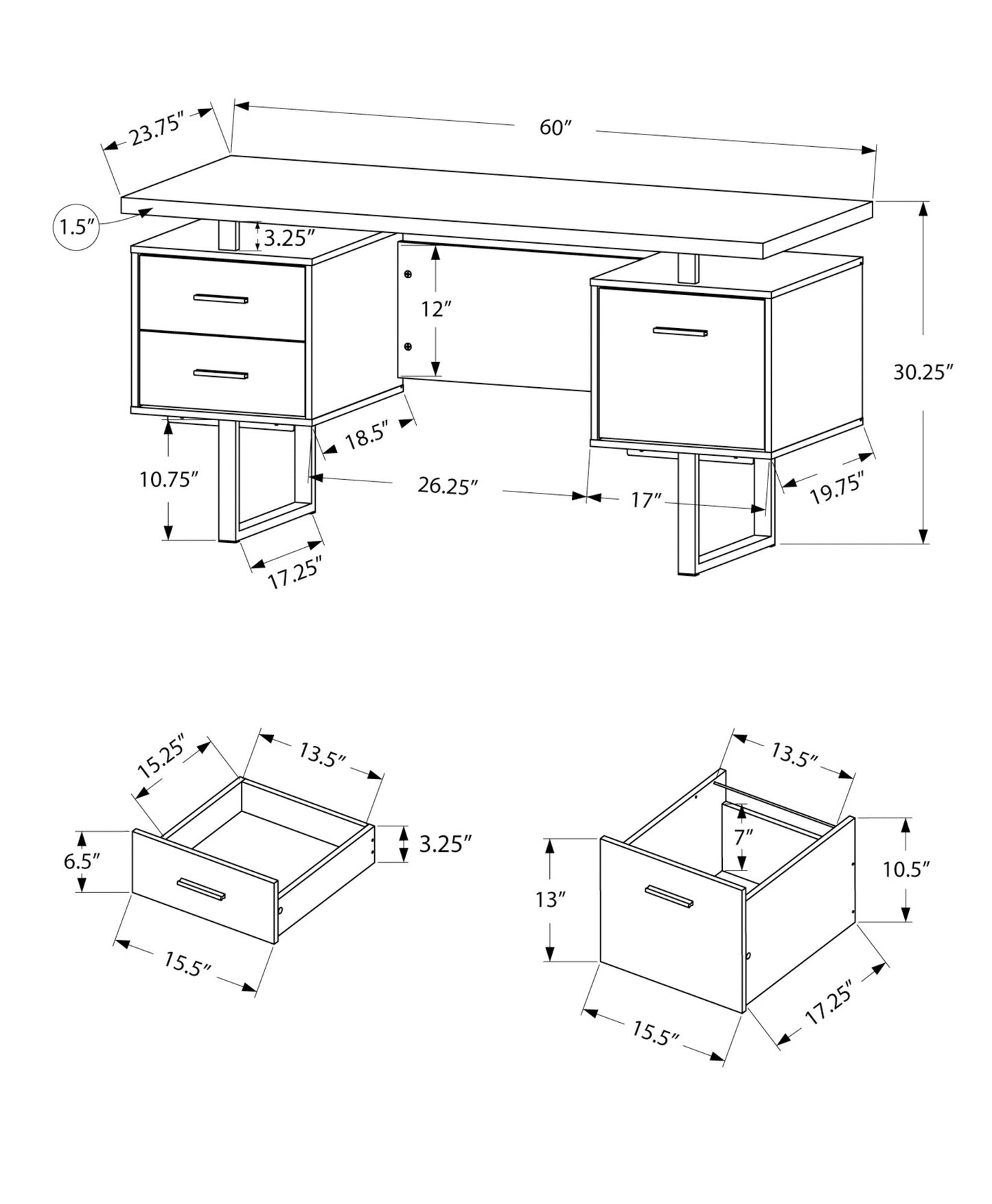 60" Taupe and Silver Computer Desk With Three Drawers