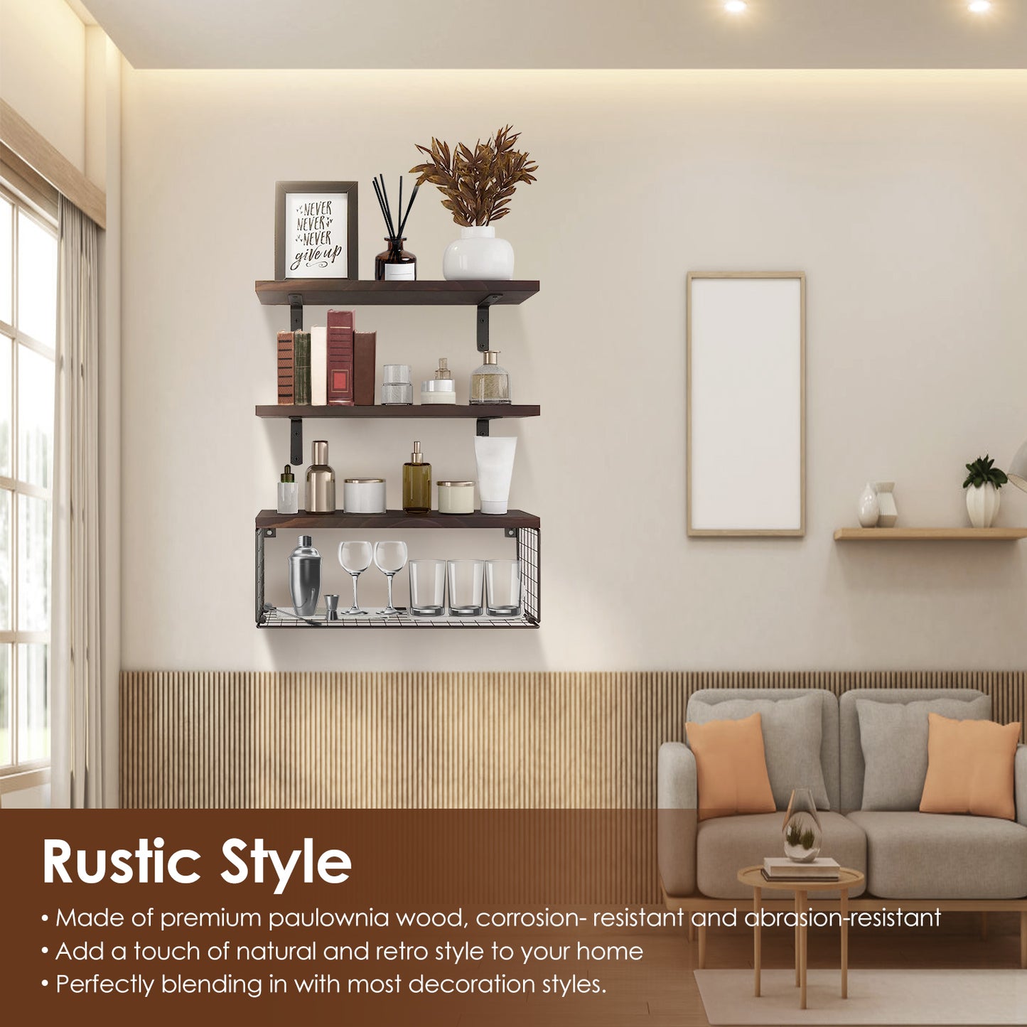 Rustic 3-Tier Floating Wall Shelves with Storage Basket