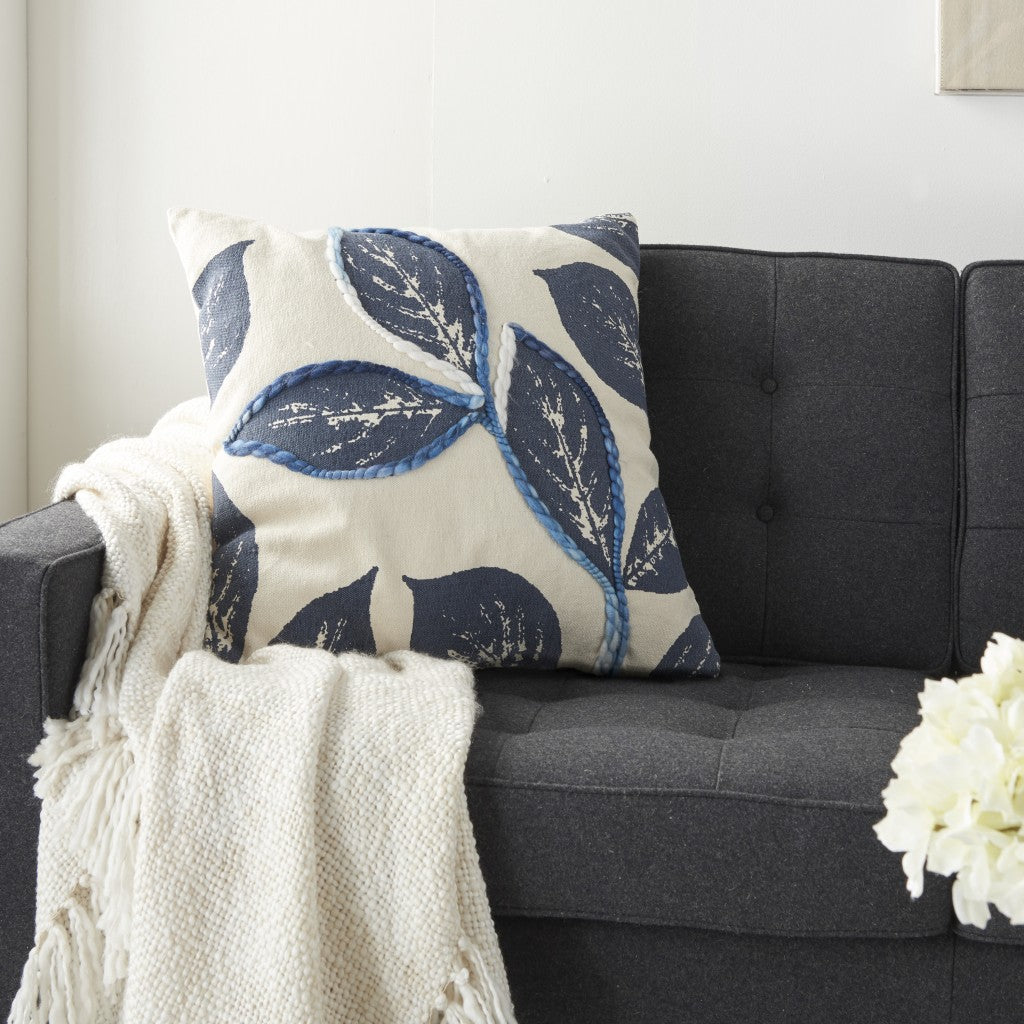 20" Navy Blue Floral Cotton Blend Throw Pillow