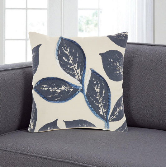 20" Navy Blue Floral Cotton Blend Throw Pillow