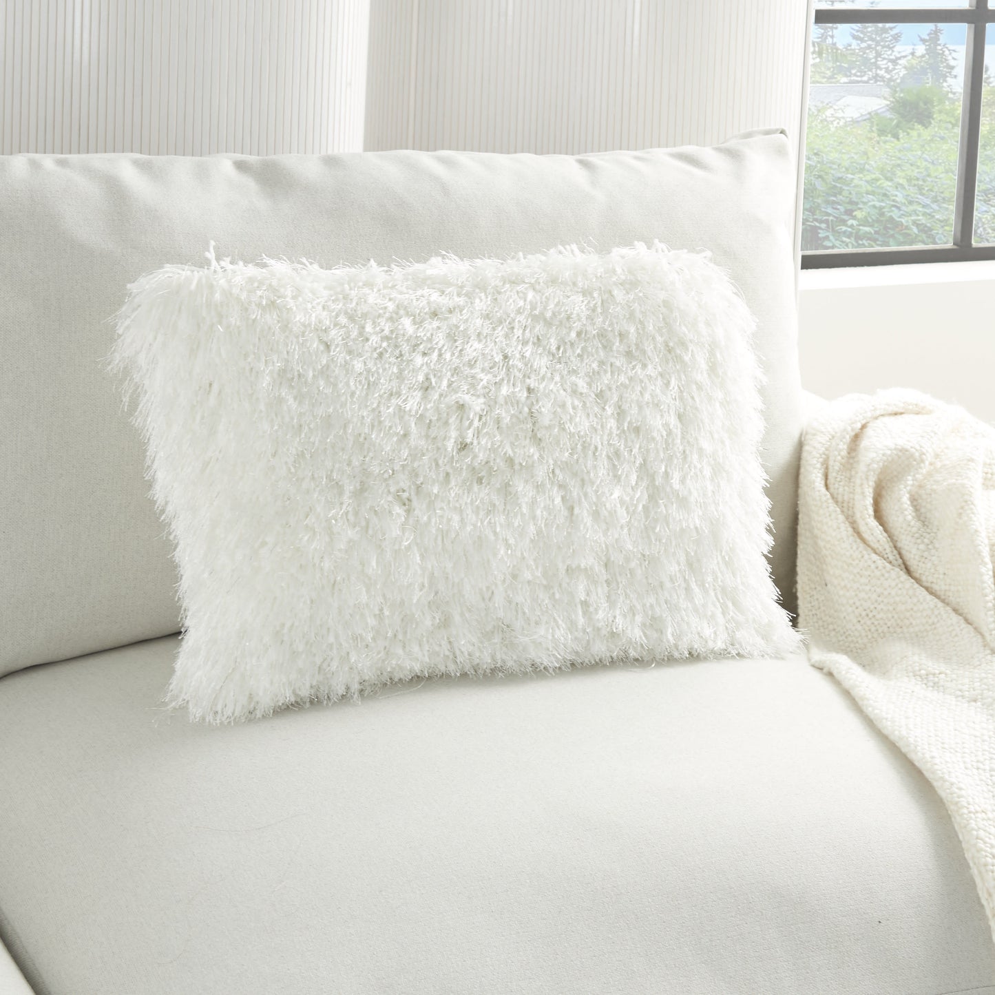 14" X 20" White Super Shaggy Throw Pillow