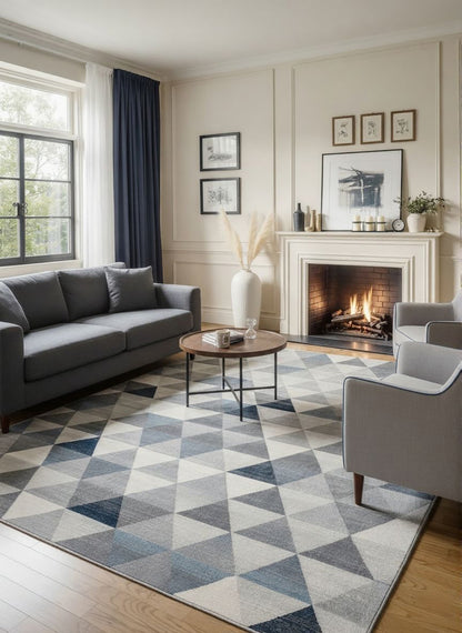 5' X 8' Navy Blue Geometric Diamond Area Rug