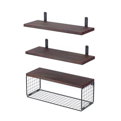 Rustic 3-Tier Floating Wall Shelves with Storage Basket