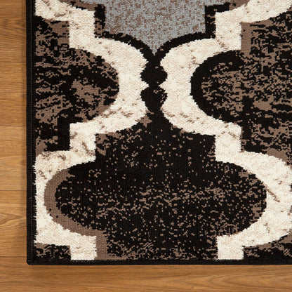 5' X 8' Brown Black And Ivory Quatrefoil Distressed Area Rug