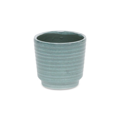Green Ceramic 23 Ounce Striped Round Distressed Pot Planter