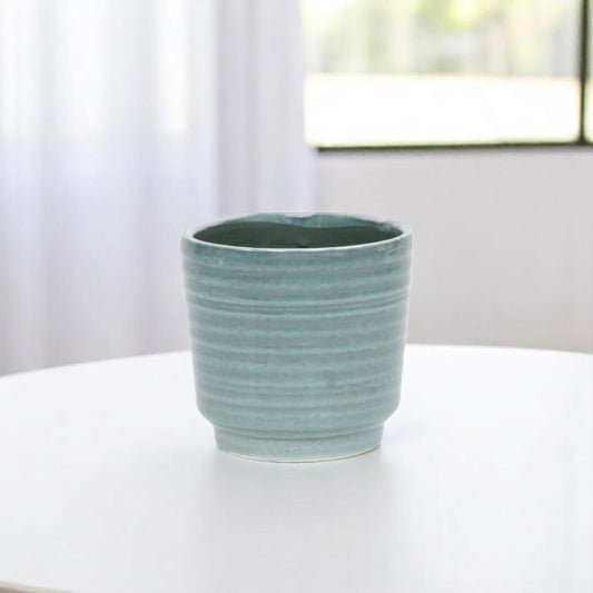 Green Ceramic 23 Ounce Striped Round Distressed Pot Planter