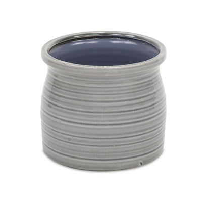 Gray Ceramic 51 Ounce Striped Round Distressed Pot Planter