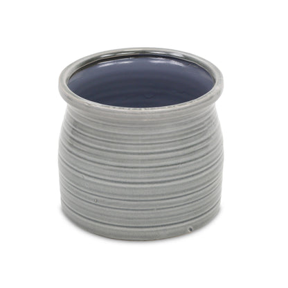 Gray Ceramic 51 Ounce Striped Round Distressed Pot Planter