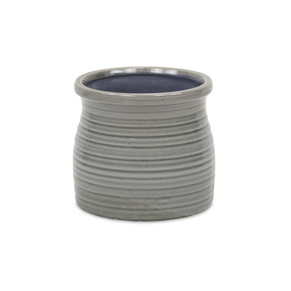 Gray Ceramic 51 Ounce Striped Round Distressed Pot Planter
