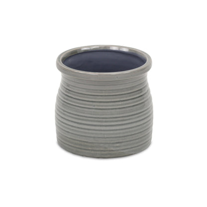 Gray Ceramic 51 Ounce Striped Round Distressed Pot Planter