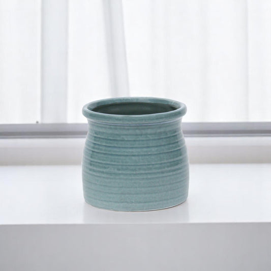 Celadon Ceramic 25 Ounce Striped Round Distressed Pot Planter