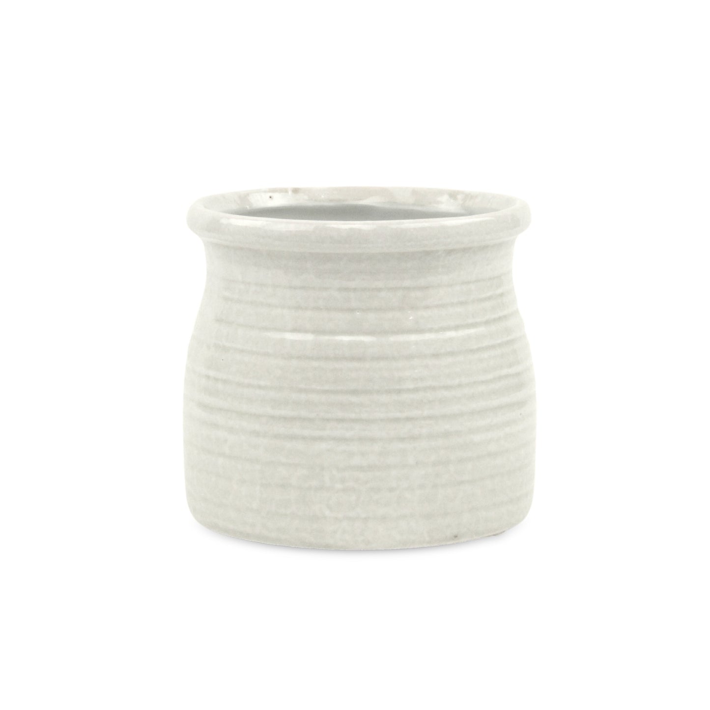 White Ceramic 25 Ounce Striped Round Distressed Pot Planter
