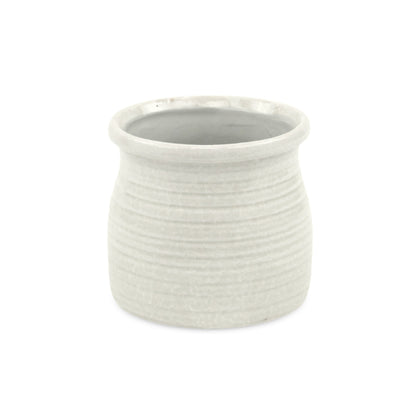 White Ceramic 25 Ounce Striped Round Distressed Pot Planter