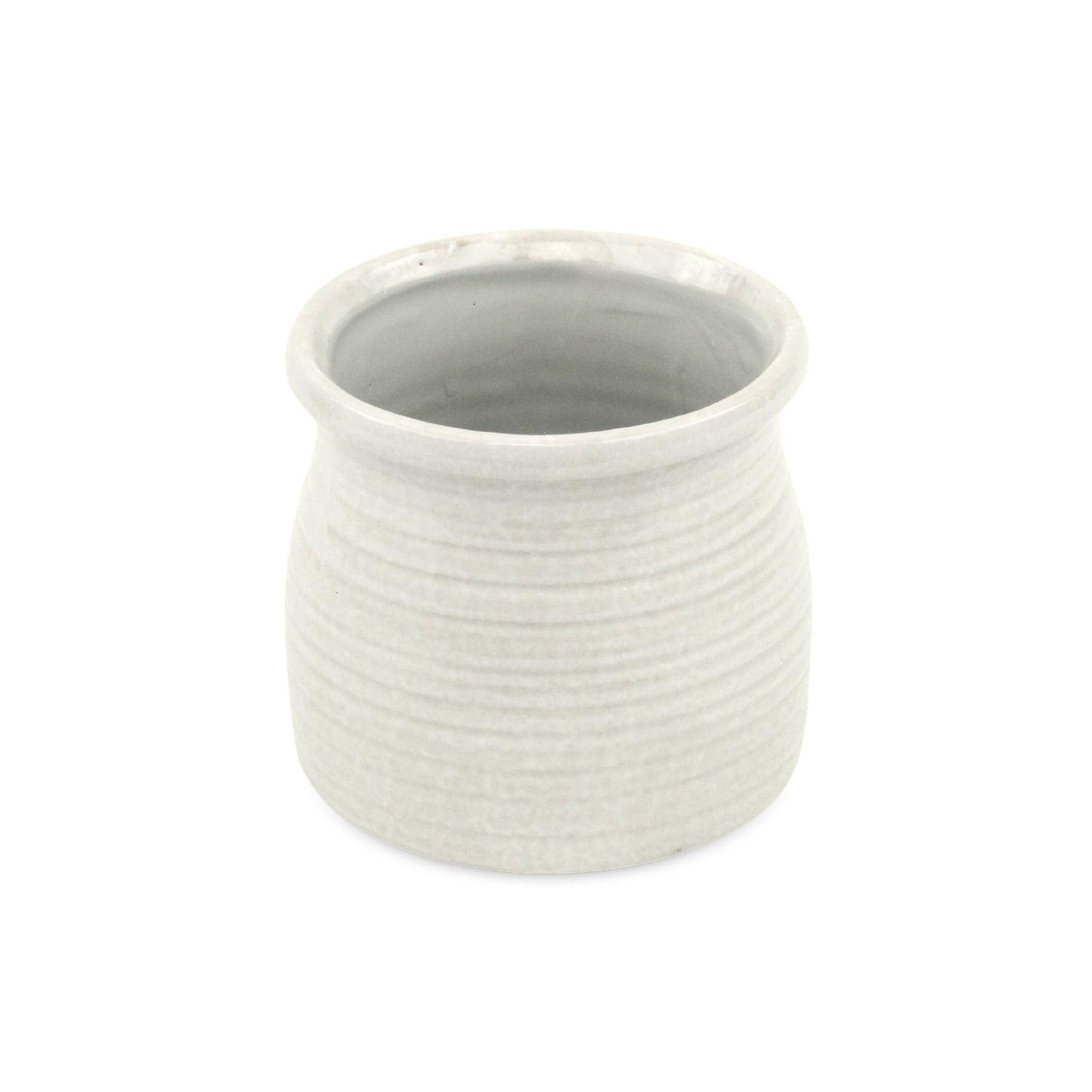 White Ceramic 25 Ounce Striped Round Distressed Pot Planter