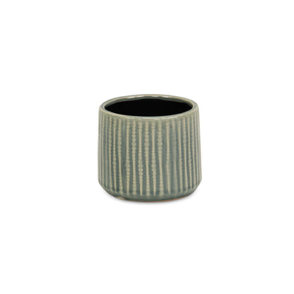 Green Ceramic 25 Ounce Striped Round Distressed Pot Planter