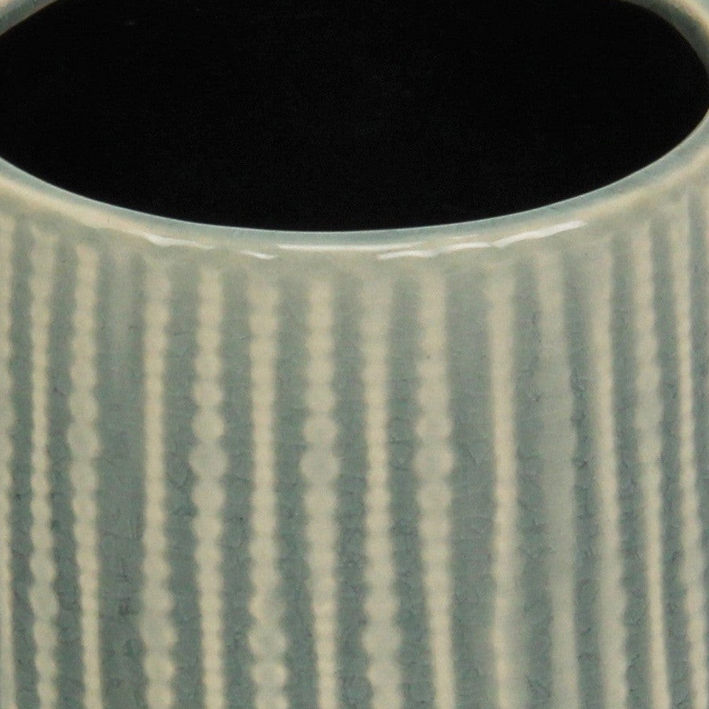Green Ceramic 25 Ounce Striped Round Distressed Pot Planter