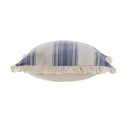 18" Navy Blue And Ivory Cotton Coastal Throw Pillow with Fringe
