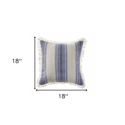18" Navy Blue And Ivory Cotton Coastal Throw Pillow with Fringe