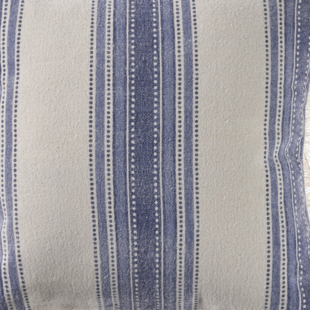 18" Navy Blue And Ivory Cotton Coastal Throw Pillow with Fringe