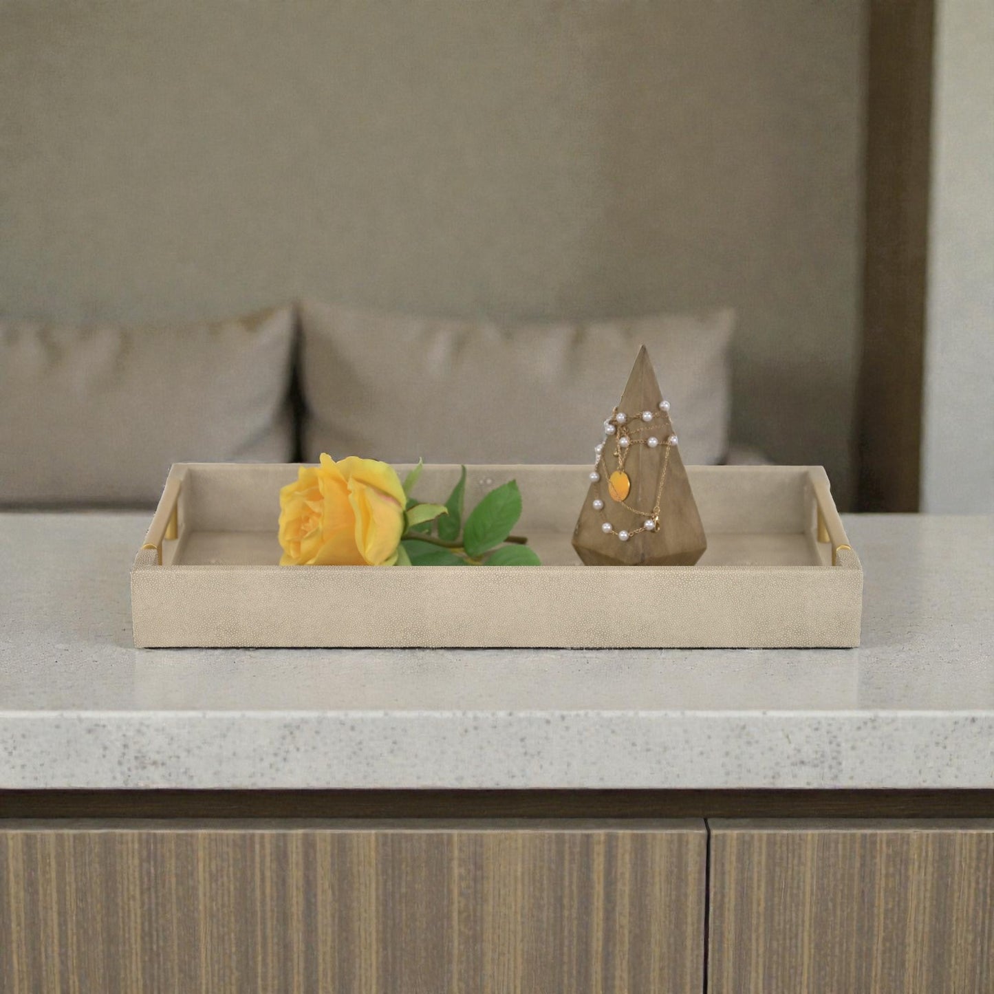16" Cream Wood and Vinyl Faux Shagreen Serving Tray With Gold Handles