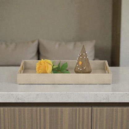 16" Cream Wood and Vinyl Faux Shagreen Serving Tray With Gold Handles