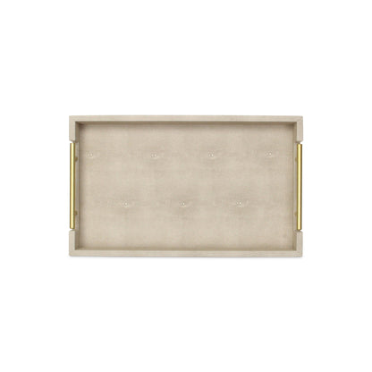 16" Cream Wood and Vinyl Faux Shagreen Serving Tray With Gold Handles
