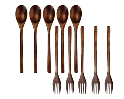 Brown Solid Wood Handmade Ten Piece Dinner Fork And Dinner Spoon Set