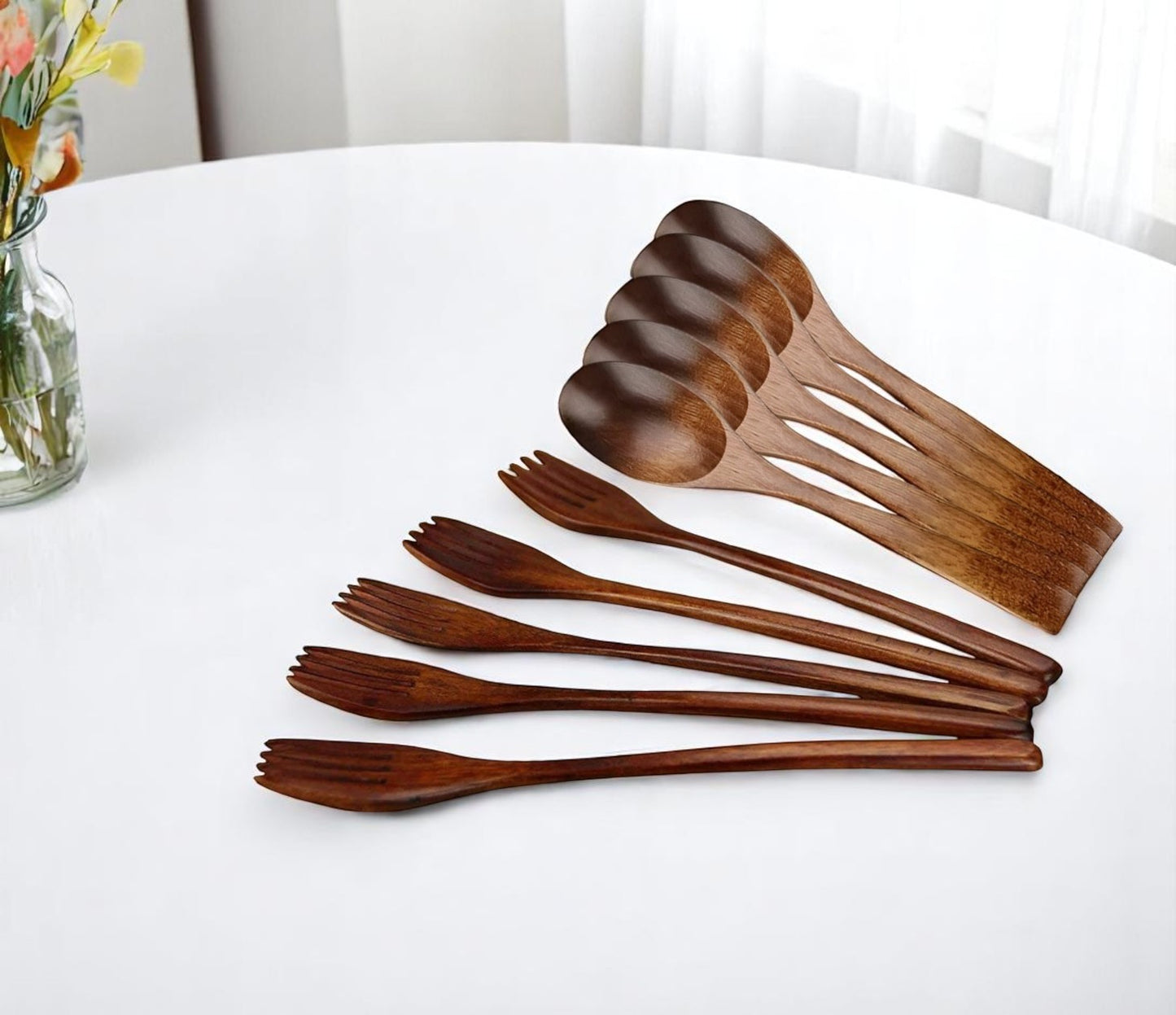 Brown Solid Wood Handmade Ten Piece Dinner Fork And Dinner Spoon Set