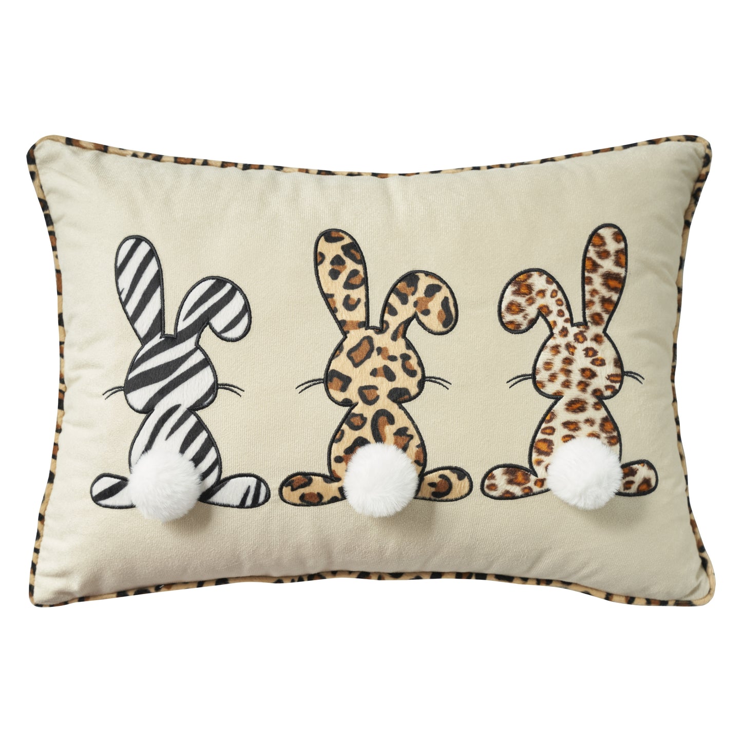 14" X 20" Beige Animal Print Applique Bunny Trio Lumbar Throw Pillow With Pompoms