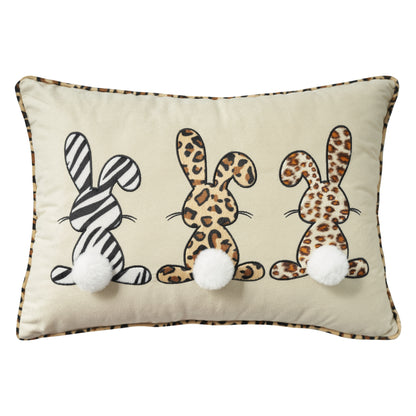 14" X 20" Beige Animal Print Applique Bunny Trio Lumbar Throw Pillow With Pompoms