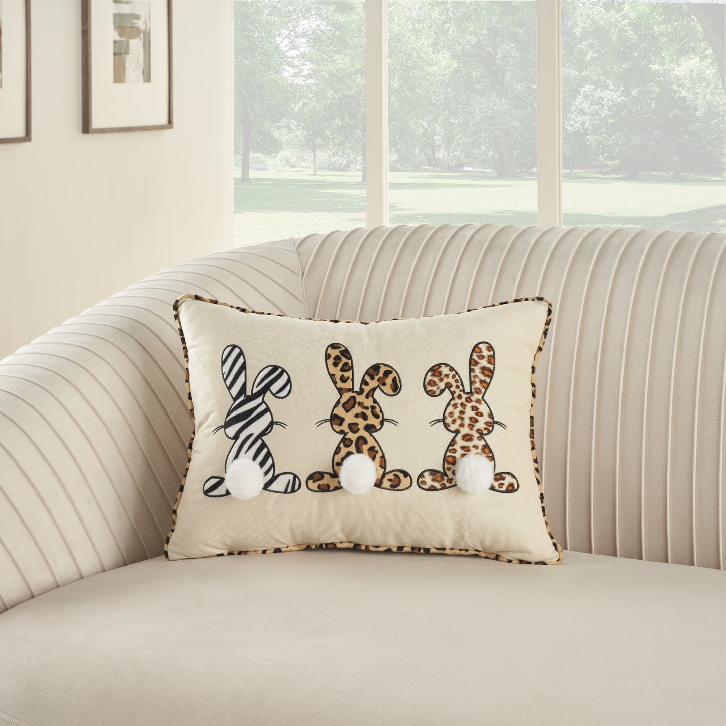 14" X 20" Beige Animal Print Applique Bunny Trio Lumbar Throw Pillow With Pompoms