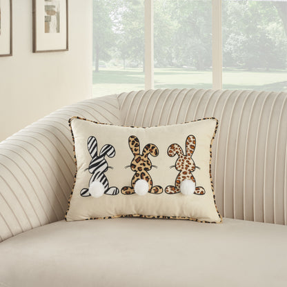 14" X 20" Beige Animal Print Applique Bunny Trio Lumbar Throw Pillow With Pompoms