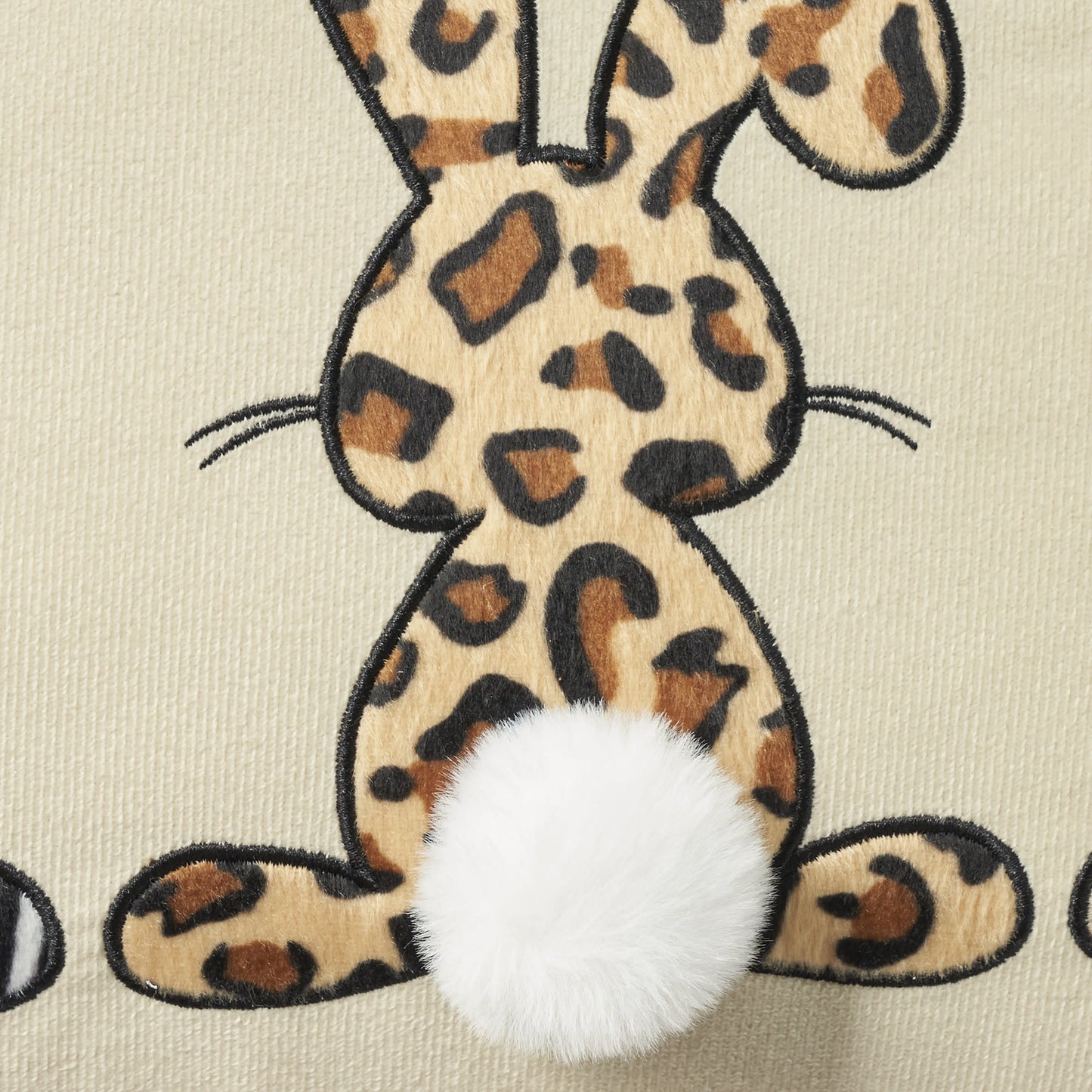 14" X 20" Beige Animal Print Applique Bunny Trio Lumbar Throw Pillow With Pompoms