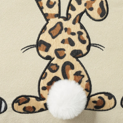 14" X 20" Beige Animal Print Applique Bunny Trio Lumbar Throw Pillow With Pompoms
