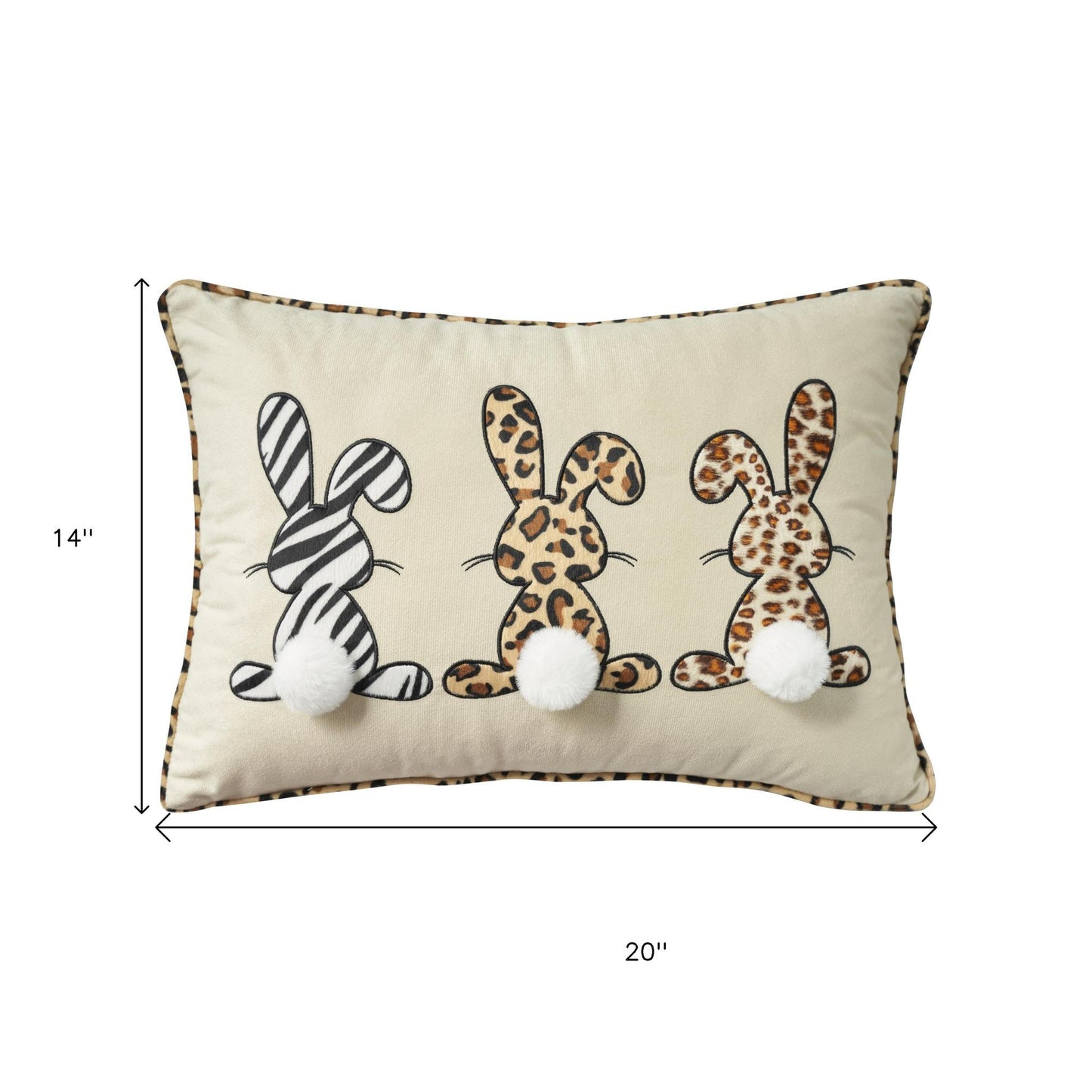 14" X 20" Beige Animal Print Applique Bunny Trio Lumbar Throw Pillow With Pompoms