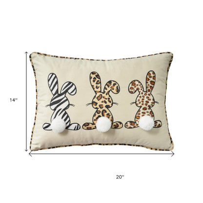 14" X 20" Beige Animal Print Applique Bunny Trio Lumbar Throw Pillow With Pompoms
