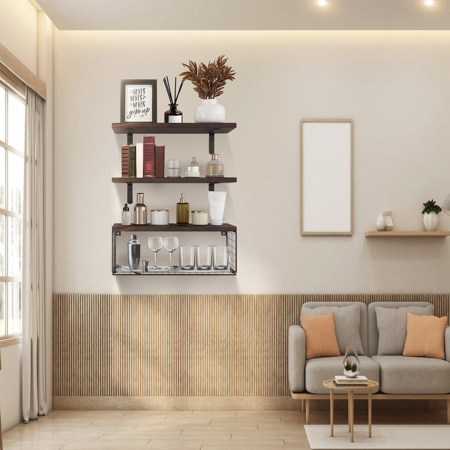 Rustic 3-Tier Floating Wall Shelves with Storage Basket