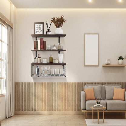 Rustic 3-Tier Floating Wall Shelves with Storage Basket