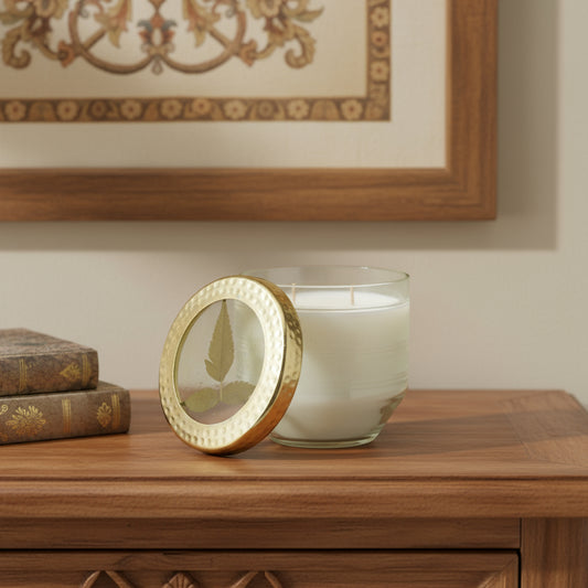 4" White Scented Dripless Two Wick Designer Candle With Clear And Gold Holder