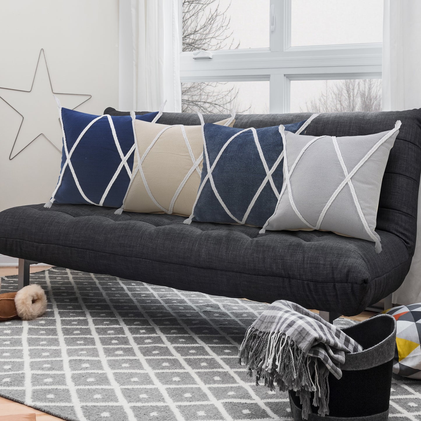 20" Gray And White Beach Geometric Cotton Throw Pillow Cover