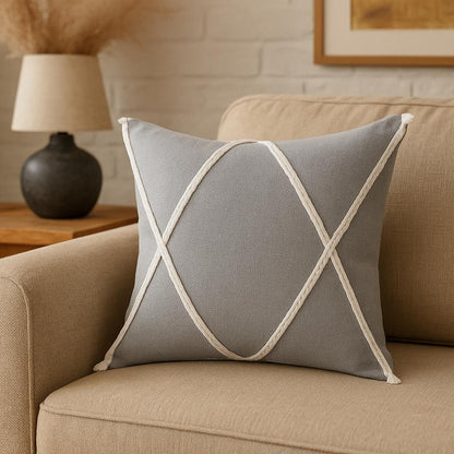 20" Gray And White Beach Geometric Cotton Throw Pillow Cover
