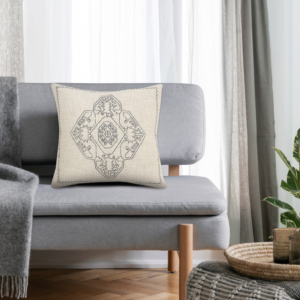 20" White And Blue Medallion Cotton Throw Pillow Cover